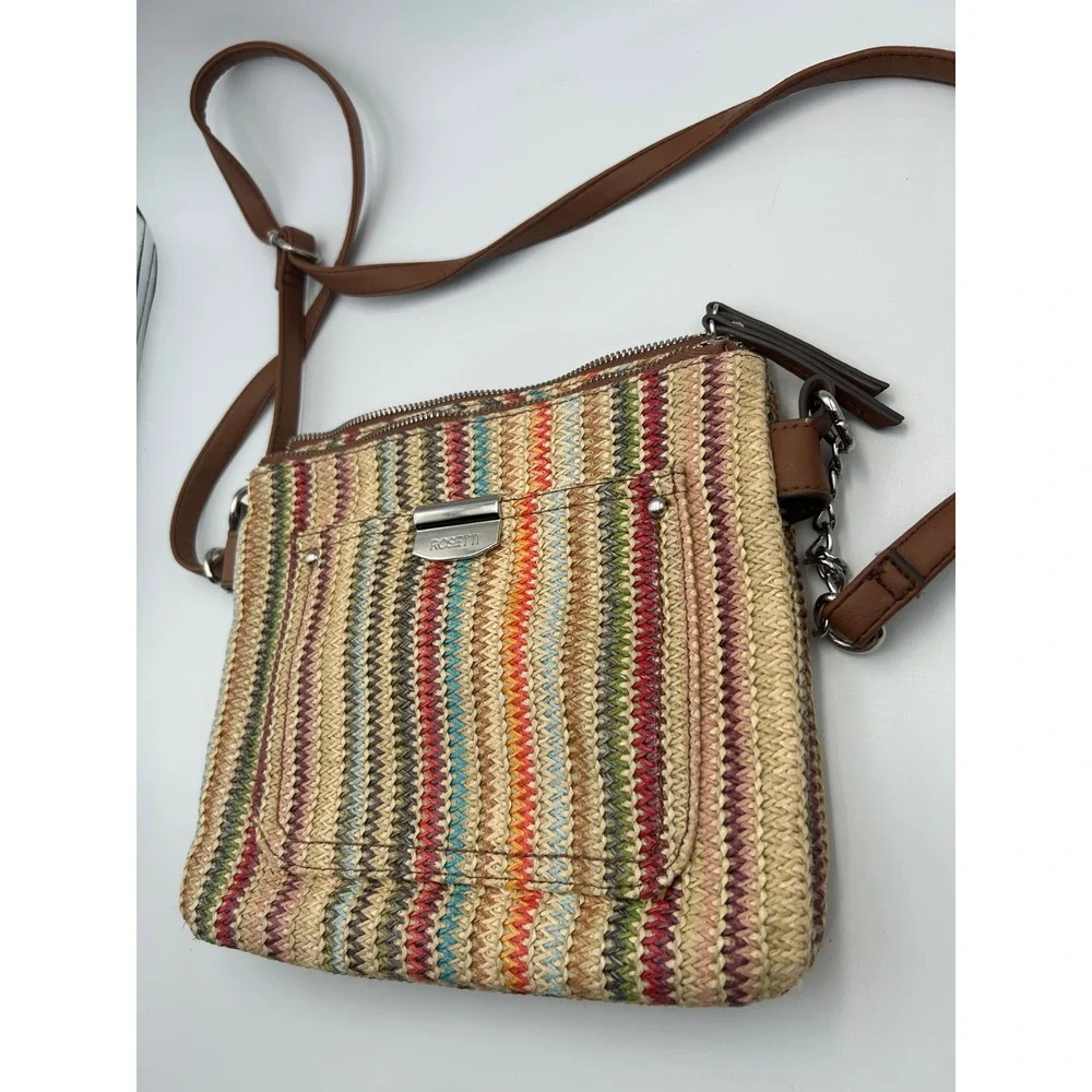 Rosetti Multi-Color Woven Straw Crossbody Bag Brown Faux Leather Strap B1040